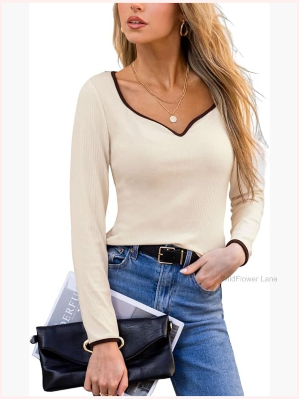 Sweetheart Neckline Long Sleeve Color Block Ribbed Knit Tee Tops for Women